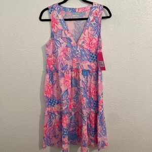 NWT- LILLY PULITZER-Lorena V-neck dress- pink isle snappy turtle- Size XS
